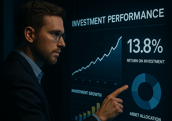Professional Investor Reviewing Growth Charts and ROI Data on Transparent Digital Display Professional Investor Reviewing Growth Charts and ROI Data on Transparent Digital Display